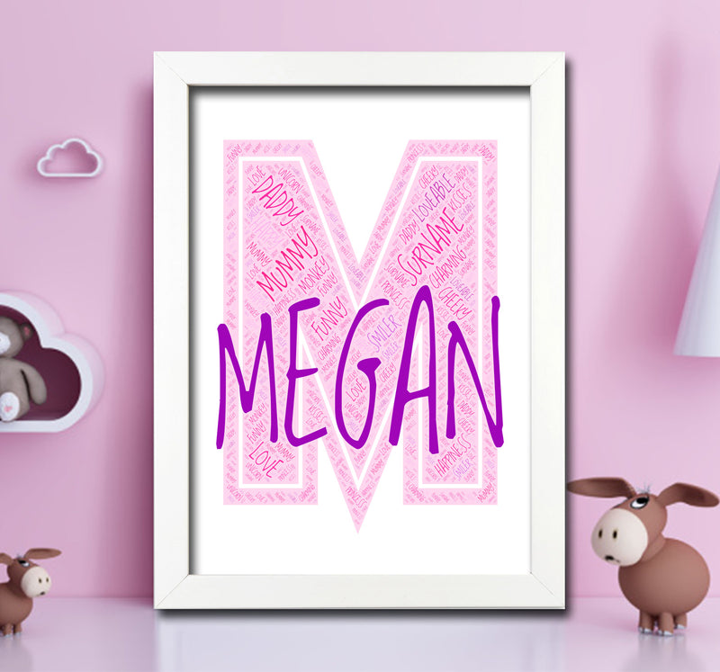 Personalised Name Word Art Poster Print Pink Letter M