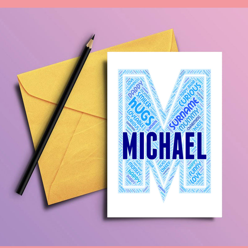 Personalised Name Word Art Poster Print Blue Letter M