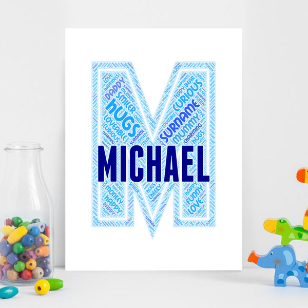 Personalised name word art print, blue letter M, print only