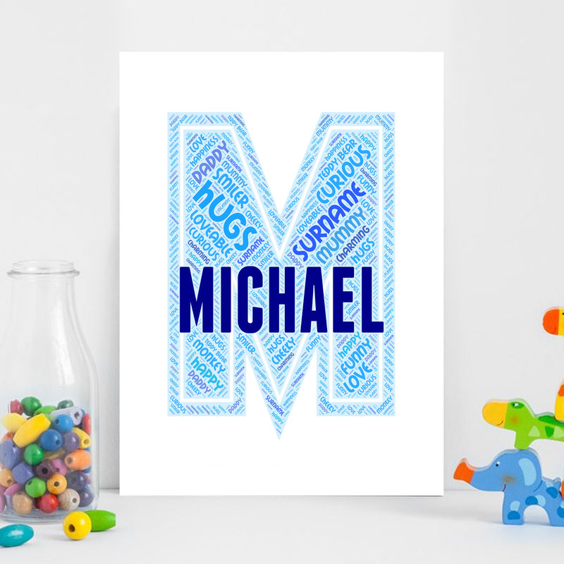 Personalised Name Word Art Poster Print Blue Letter M