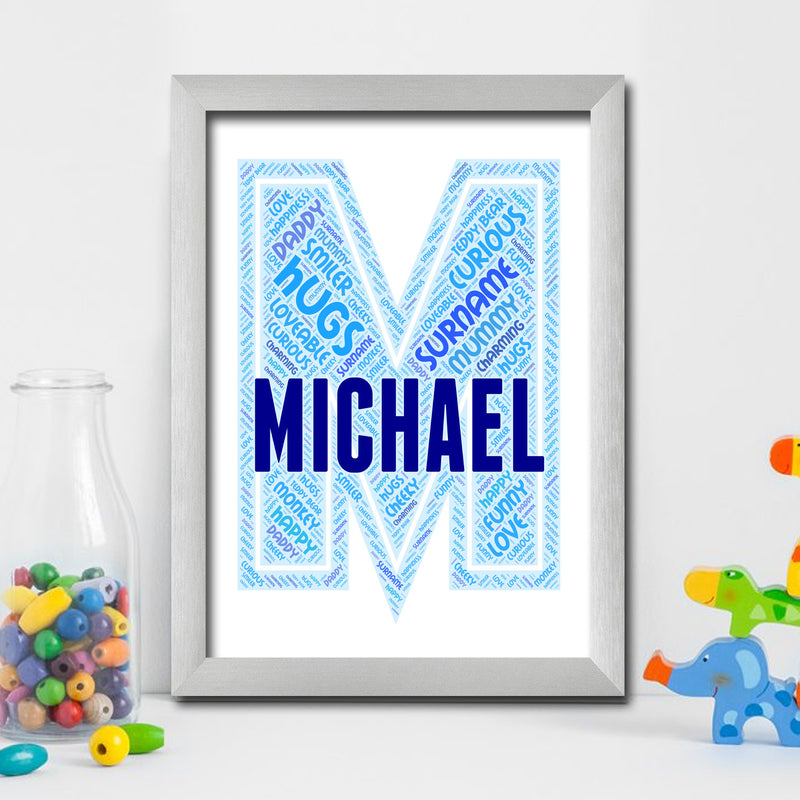 Personalised Name Word Art Poster Print Blue Letter M