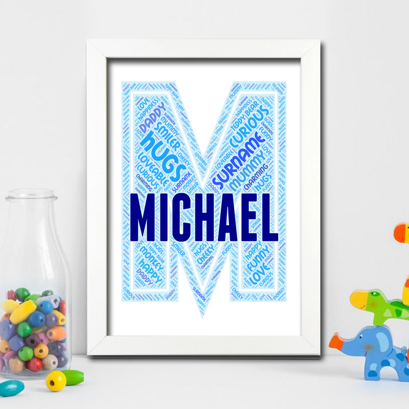 Personalised Name Word Art Poster Print Blue Letter M