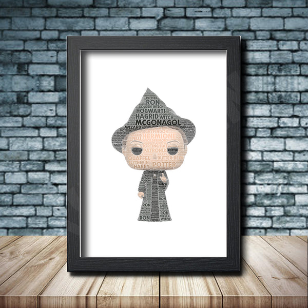 Personalised pop figure word art print inspired by Professor McGonagall in a black frame