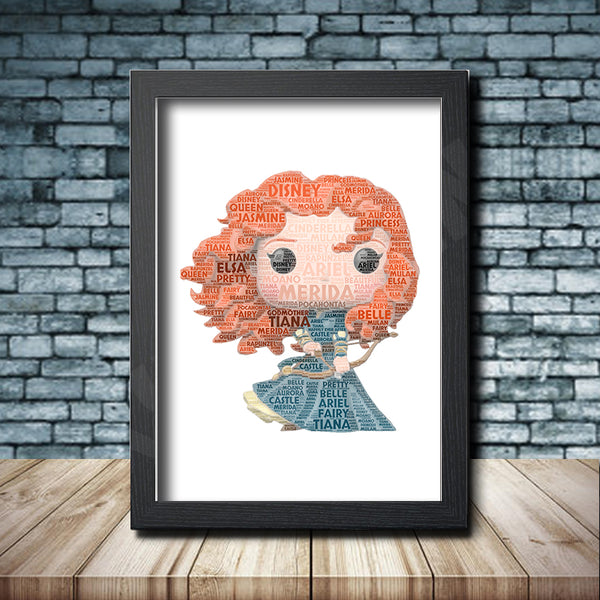 Personalised pop figure word art print inspired by Merida in a black frame