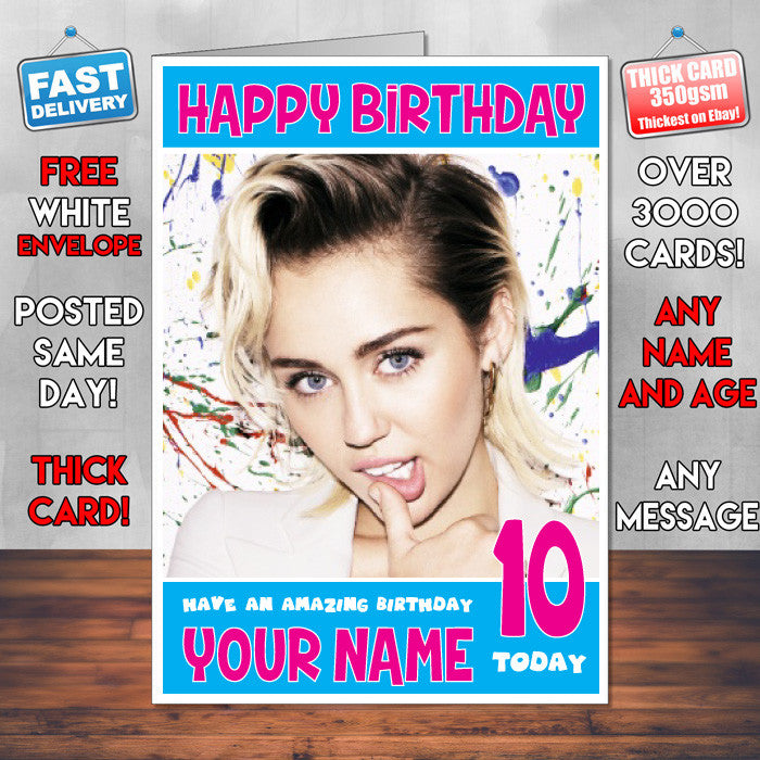 MILEY CIRUS BM1 Personalised Music Style Kids Adult FUNNY Birthday Card