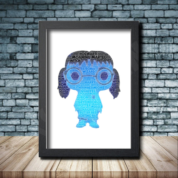 Personalised pop figure word art print inspired by Moaning Myrtle in a black frame
