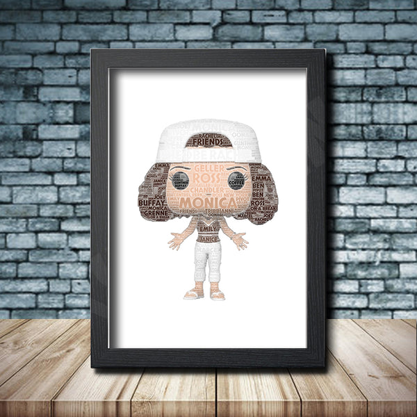 Personalised pop figure word art print inspired by Monica Geller in a black frame