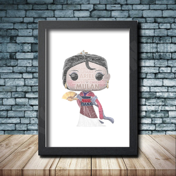 Personalised pop figure word art print inspired by Mulan in a black frame