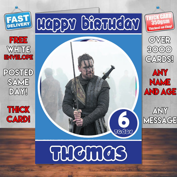 Macbeth In Battle Theme Style Personalised Kids Inspired Movie Birthday Card (SA)