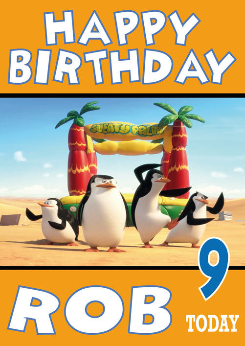 Madagascar Penguins THEME INSPIRED Kids Adult Personalised Birthday Card