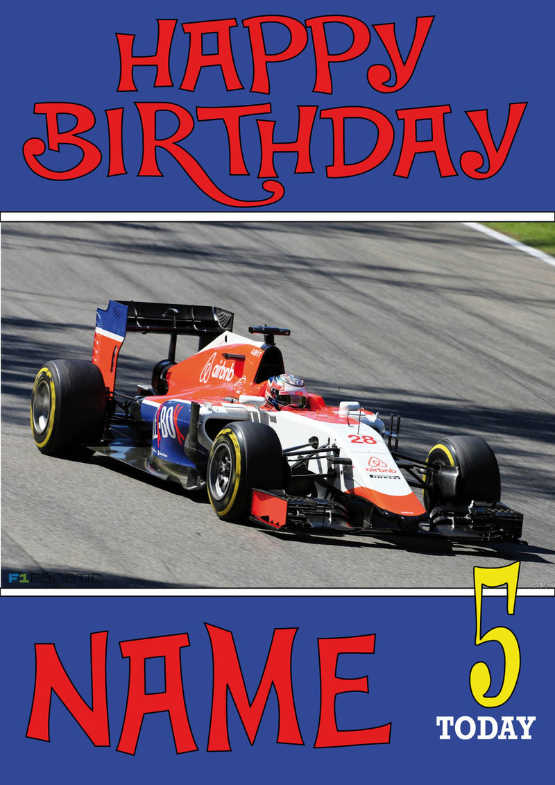 Personalised Manor Racing F1 THEME INSPIRED PERSONALISED Kids Adult Birthday Card