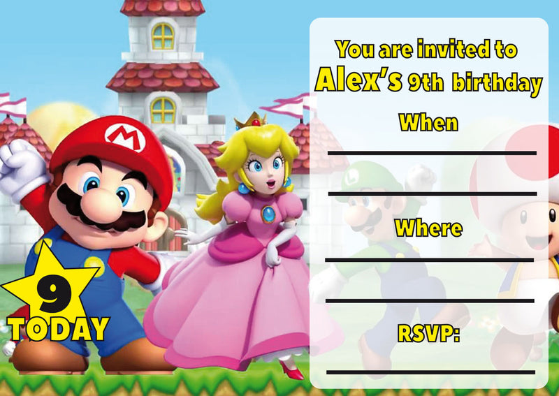 10 X Personalised Printed Mario INSPIRED STYLE Invites