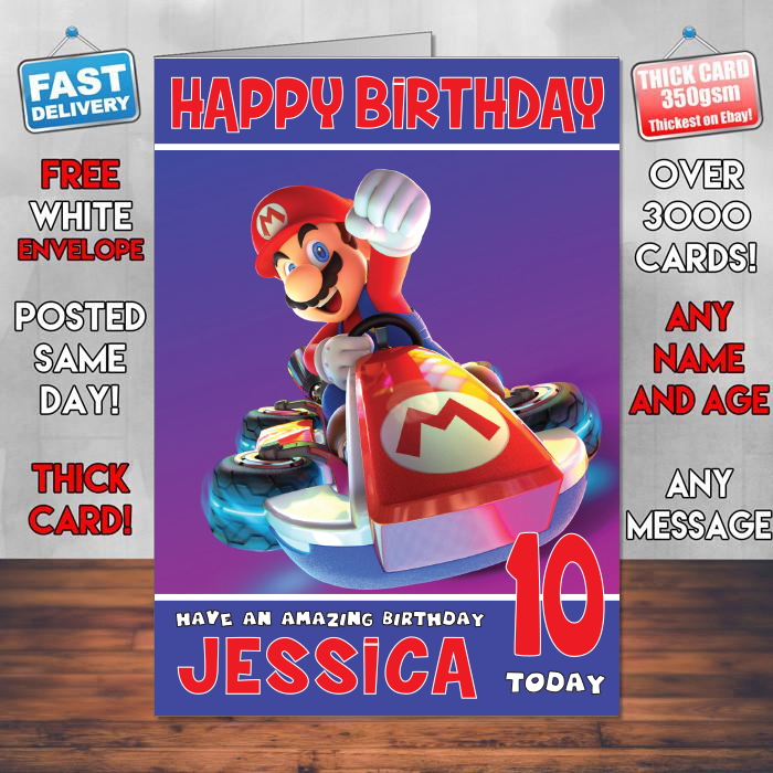 Personalised Mario Kart 8 Deluxe Inspired Style Game Kids Inspired Birthday Card (SA)