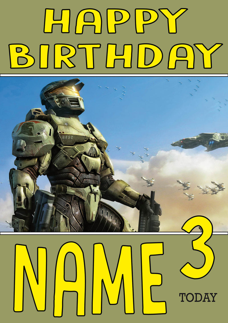Retro Gaming Master Chief THEME INSPIRED Kids Adult Personalised Birthday Card