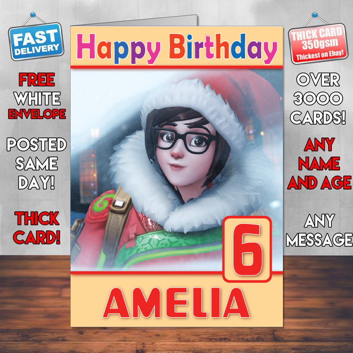 Personalised Mei Overwatch Winter Wonderland Inspired Style Game Kids Inspired Birthday Card (SA)