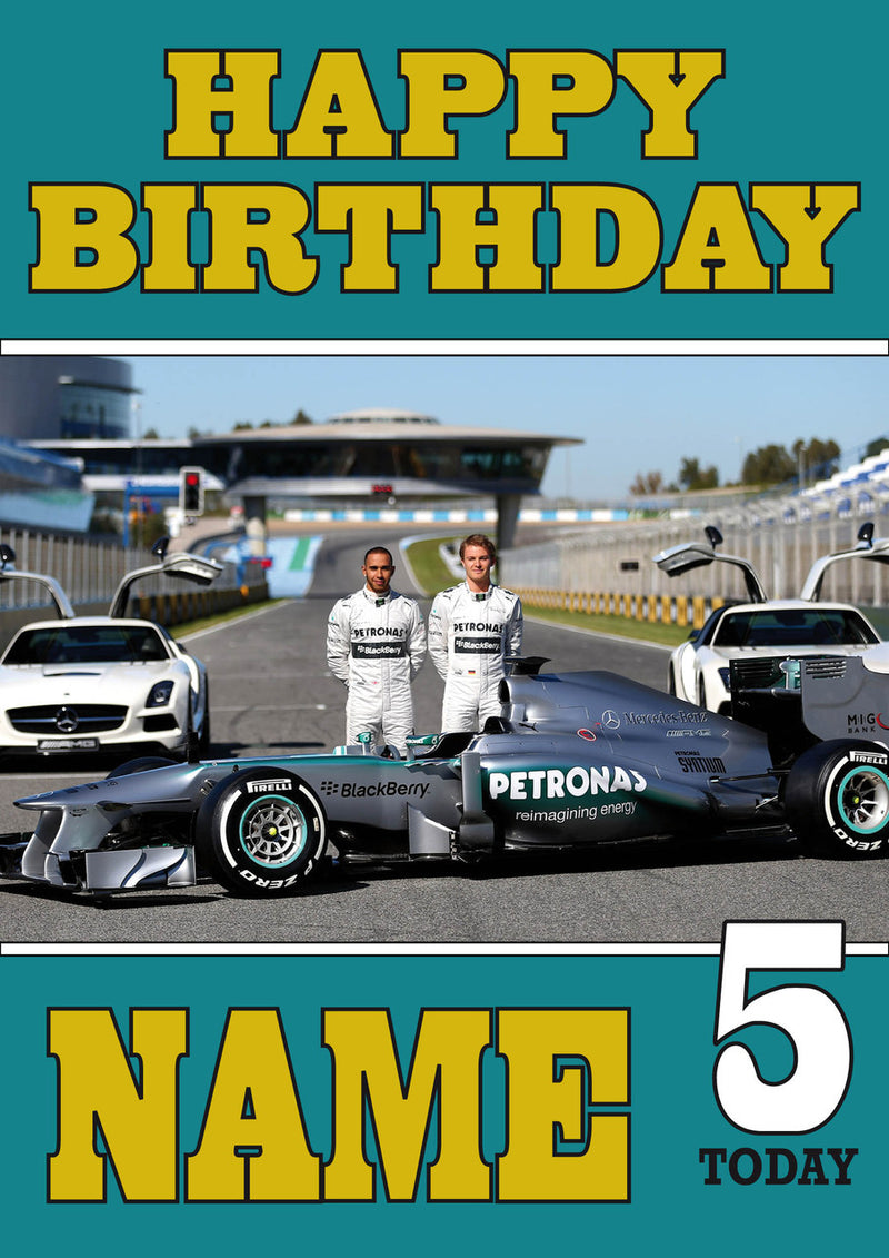 Personalised Mercedes F1 THEME INSPIRED PERSONALISED Kids Adult Birthday Card 2