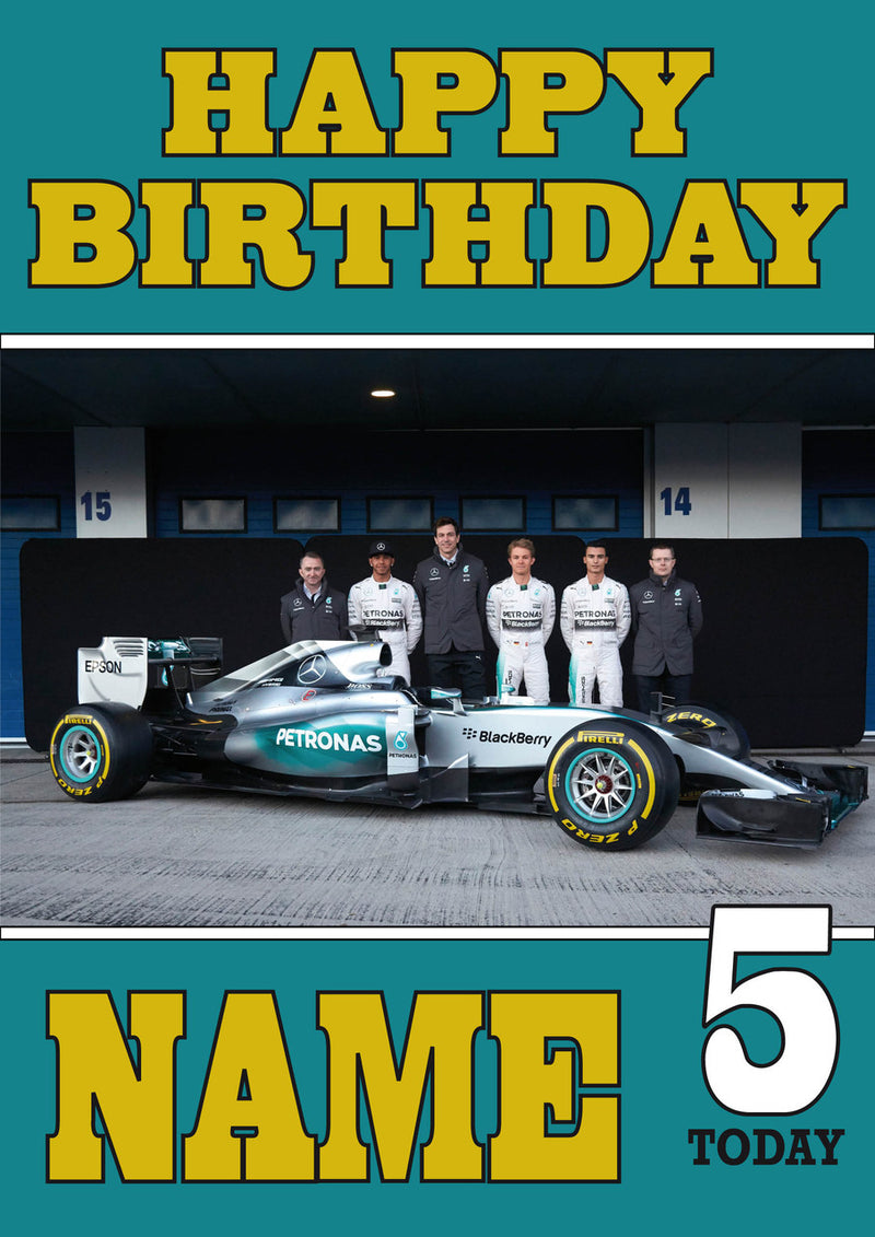 Personalised Mercedes F1 THEME INSPIRED PERSONALISED Kids Adult Birthday Card