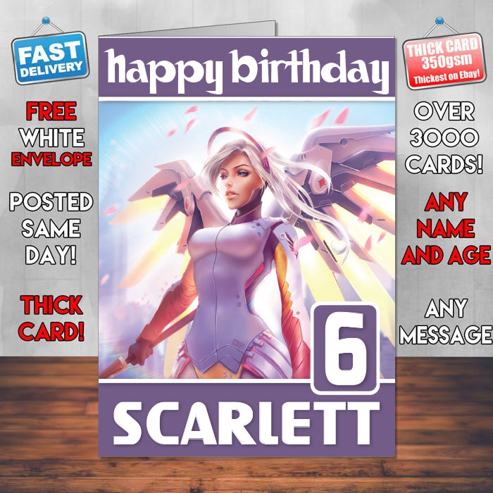 Mercy Overwatch Theme Style Personalised Kids Inspired Movie Birthday Card (SA)