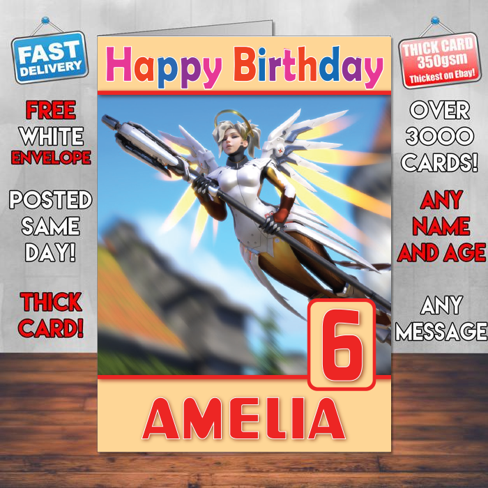 Personalised Mercy Overwatch 4k Artwork Inspired Style Game Kids Inspired Birthday Card (SA)