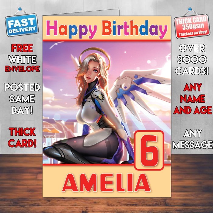 Personalised Mercy Overwatch Artwork Inspired Style Game Kids Inspired Birthday Card (SA)