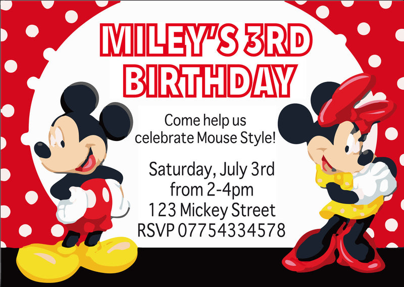 10 X Personalised Printed Girls Mickey Mouse 2 INSPIRED STYLE Invites
