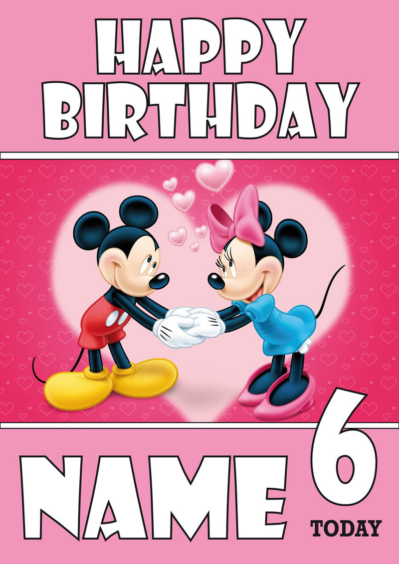 THEME INSPIRED Kids Adult Personalised Birthday Card Mickie Mouse Pink Birthday Card