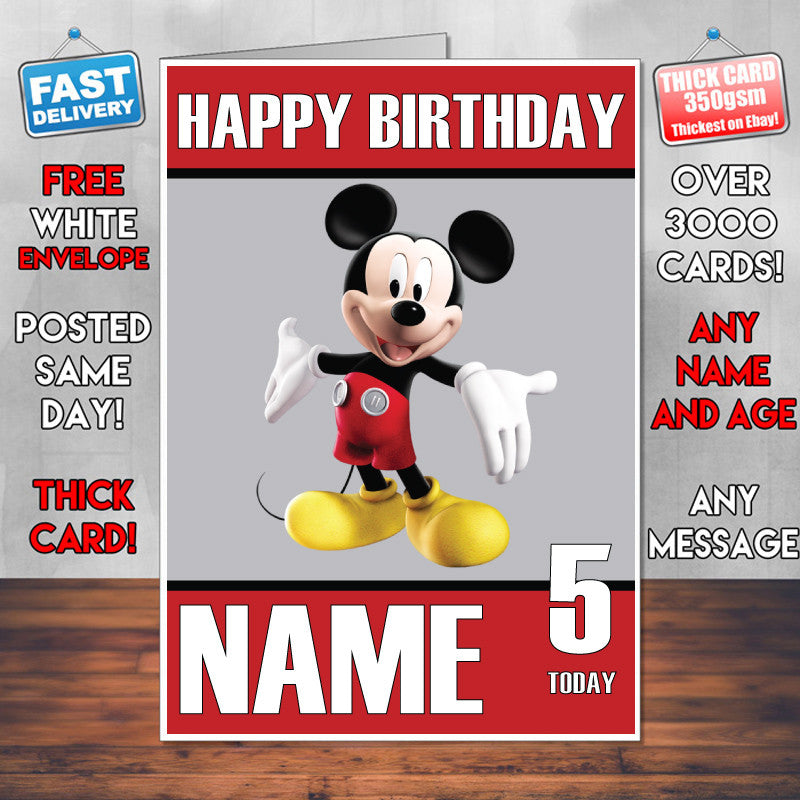 Micky Mouse KE THEME INSPIRED Kids Adult Personalised Birthday Card