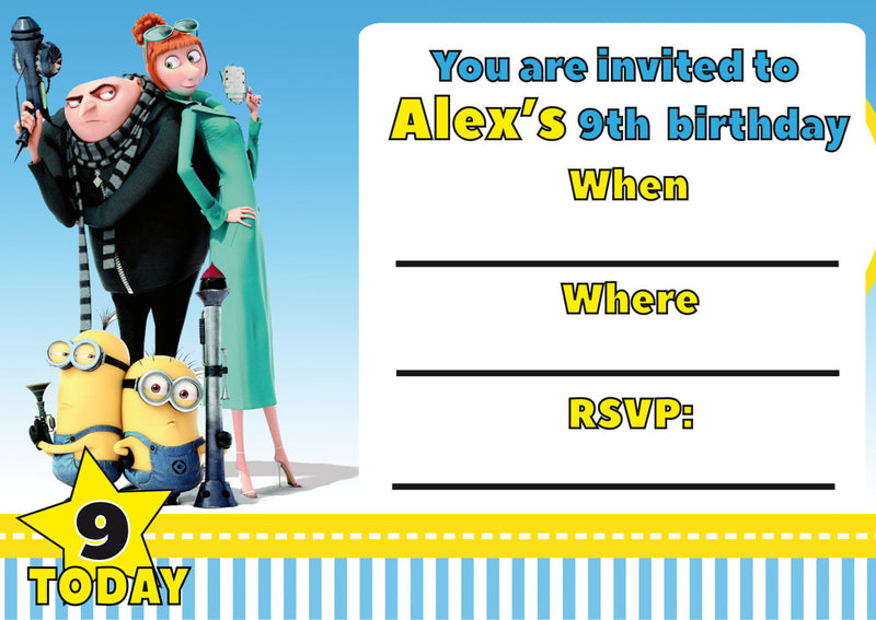 10 X Personalised Printed Minion INSPIRED STYLE Invites