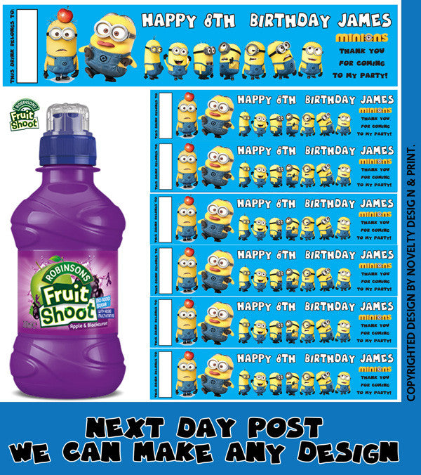 Minions Blue Inspired Theme Personalised Party Fruit Shoot Label Sticker