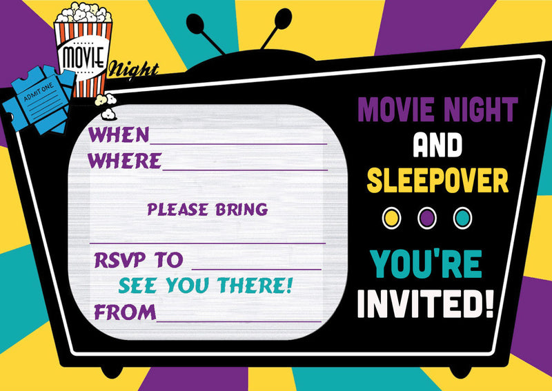 10 X Personalised Printed Movie Night & Sleepover INSPIRED STYLE Invites
