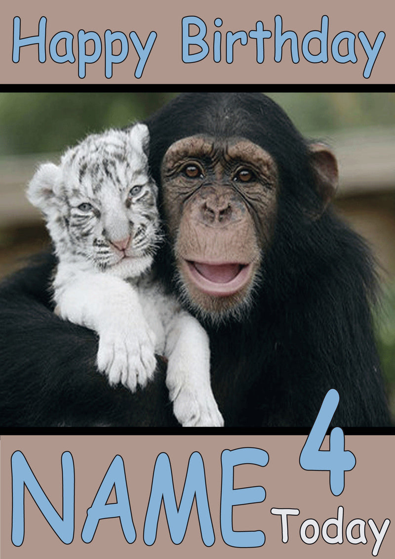 Monkey With Tiger Cub Funny Kids Adult Personalised Birthday Card Gift Present