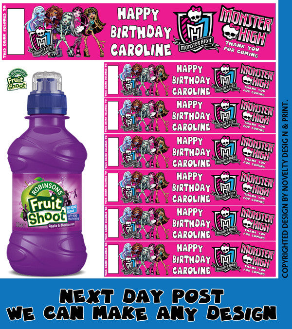 Monster High Pink Inspired Theme Personalised Party Fruit Shoot Label Sticker