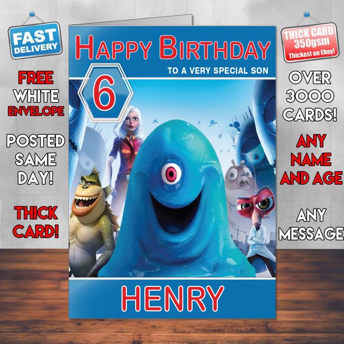 Personalised Monsters Vs Aliens Inspired Style Game Kids Inspired Birthday Card (SA)