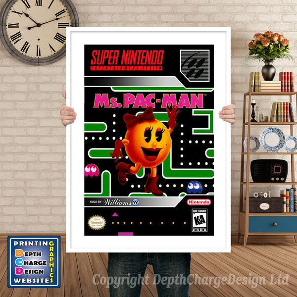 Ms. Pacman Super Nintendo Game Inspired Theme Retro Gaming Poster