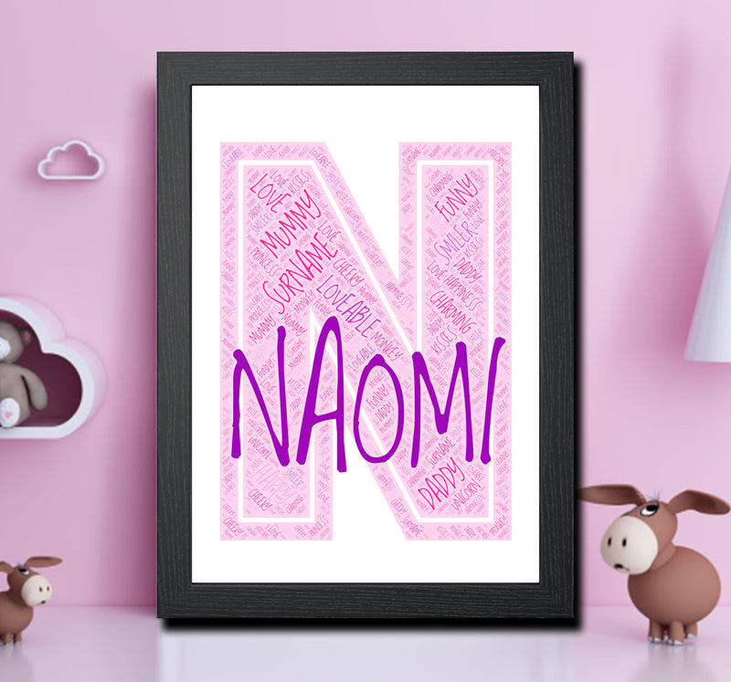 Personalised Name Word Art Poster Print Pink Letter N