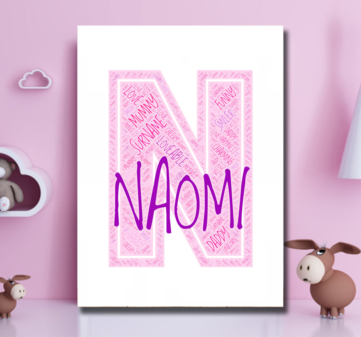 Personalised Name Word Art Poster Print Pink Letter N – Personalised name word art print, pink letter N, print only