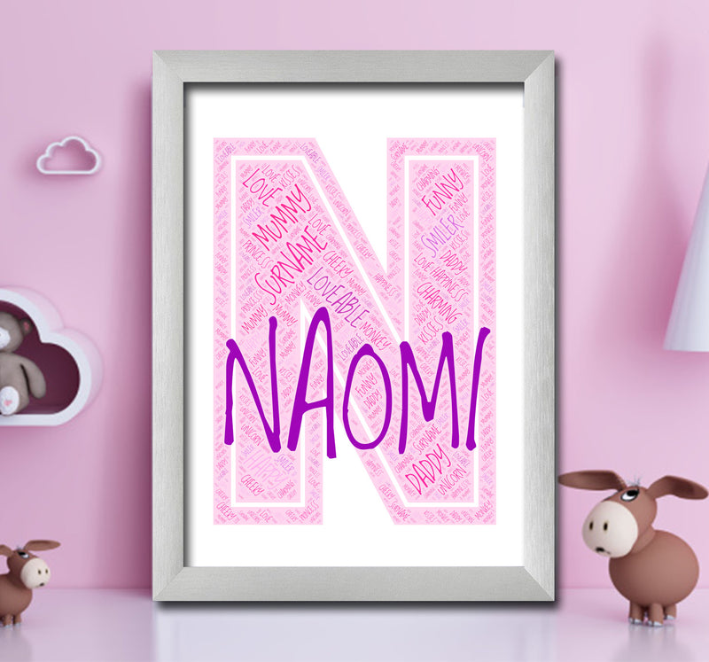 Personalised Name Word Art Poster Print Pink Letter N