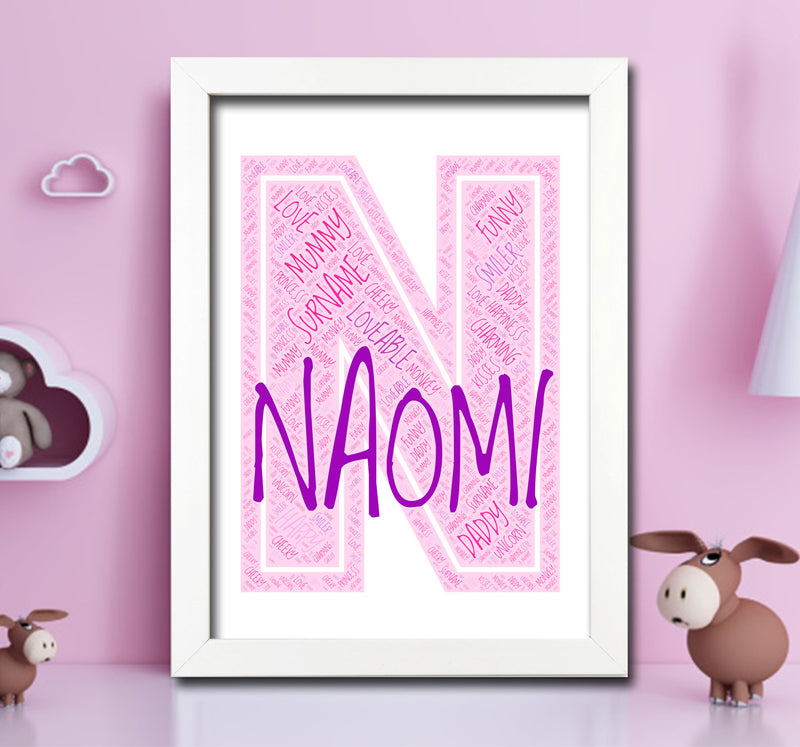 Personalised Name Word Art Poster Print Pink Letter N