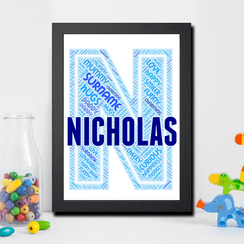 Personalised Name Word Art Poster Print Blue Letter N