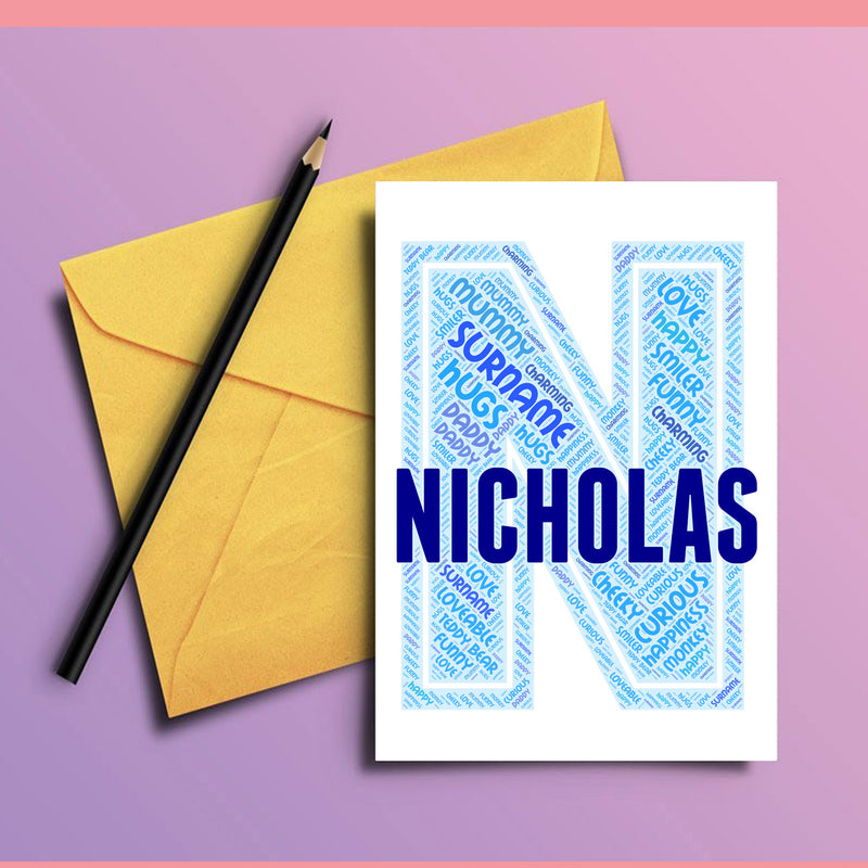 Personalised Name Word Art Poster Print Blue Letter N