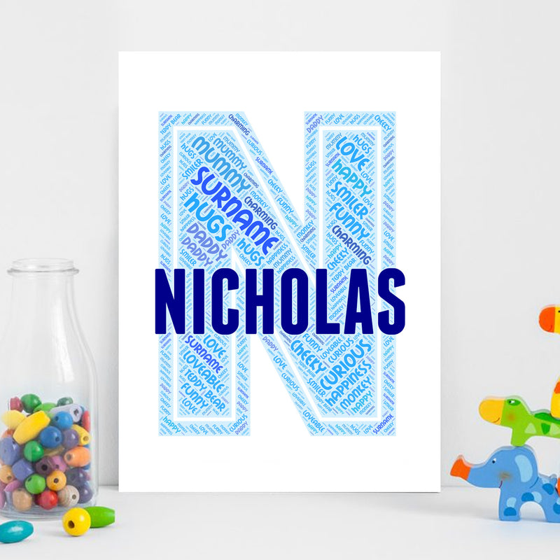 Personalised Name Word Art Poster Print Blue Letter N