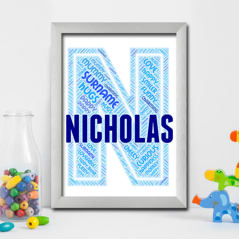 Personalised Name Word Art Poster Print Blue Letter N