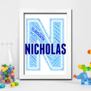 Personalised Name Word Art Poster Print Blue Letter N