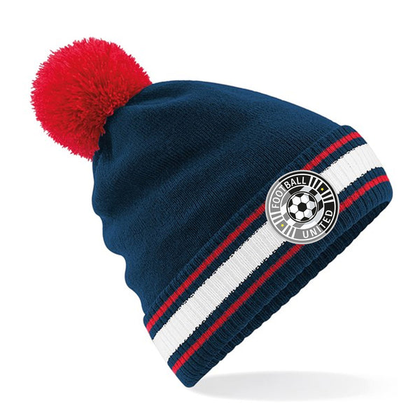 Personalised navy, red and white bobble hat, with a full-colour printed badge on the striped cuff