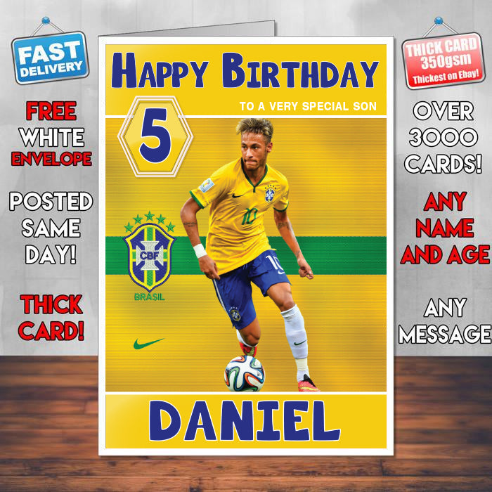 Neymar Brazil Theme Inspired Kids Inspired Adult Personalised Sports Birthday Card (SA)