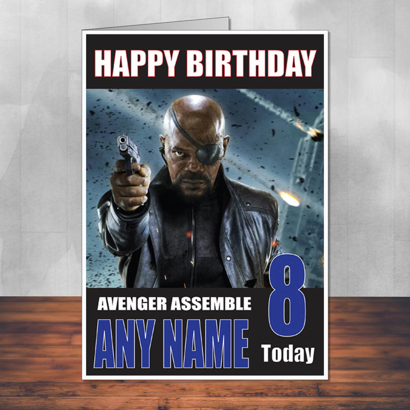 Nick Fury 1 THEME INSPIRED Style PERSONALISED Kids Adult FUNNY Birthday Card