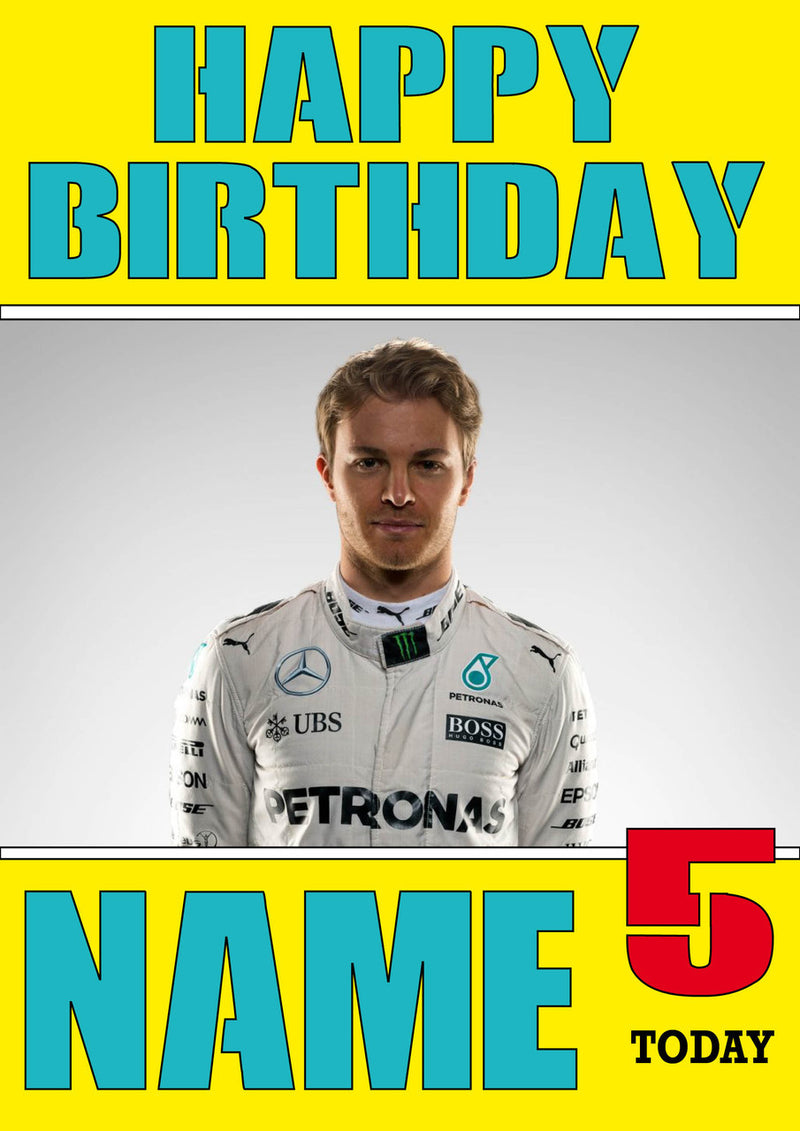 Personalised Nico Rosberg F1 THEME INSPIRED PERSONALISED Kids Adult Birthday Card