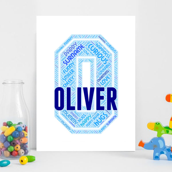 Personalised name word art print, blue letter O, print only