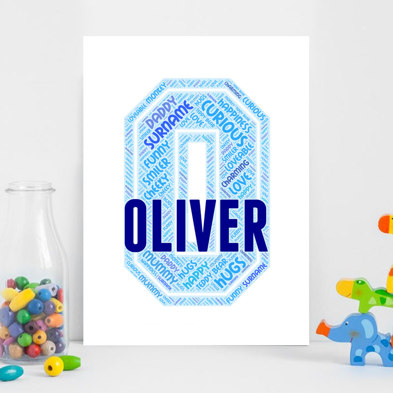 Personalised Name Word Art Poster Print Blue Letter O