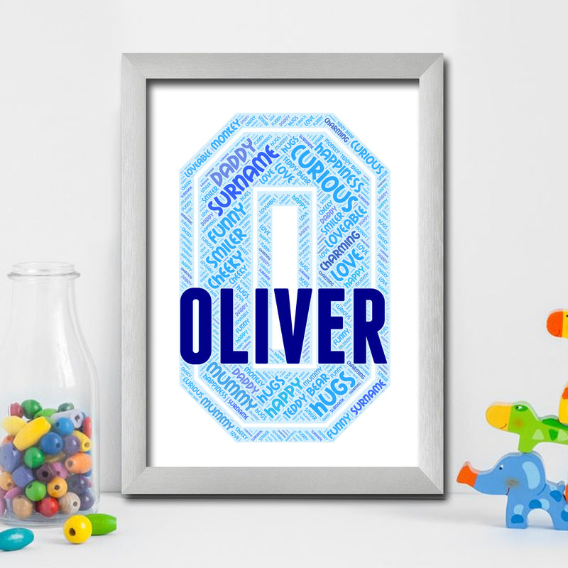 Personalised Name Word Art Poster Print Blue Letter O